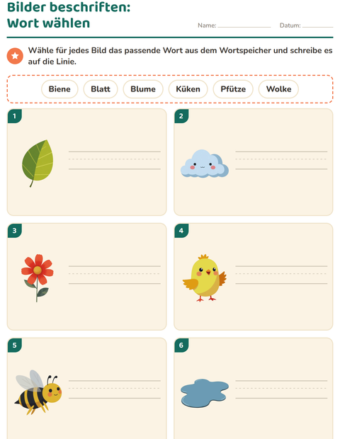 Vorschau: Bilder beschriften-Arbeitsblatt mit Frühling für 1. Klasse
