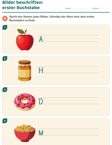 Vorschau: Bilder beschriften-Arbeitsblatt mit Frühstück für 1. Klasse
