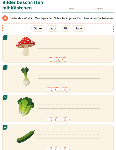 Vorschau: Bilder beschriften-Arbeitsblatt mit Gemüse für 1. Klasse