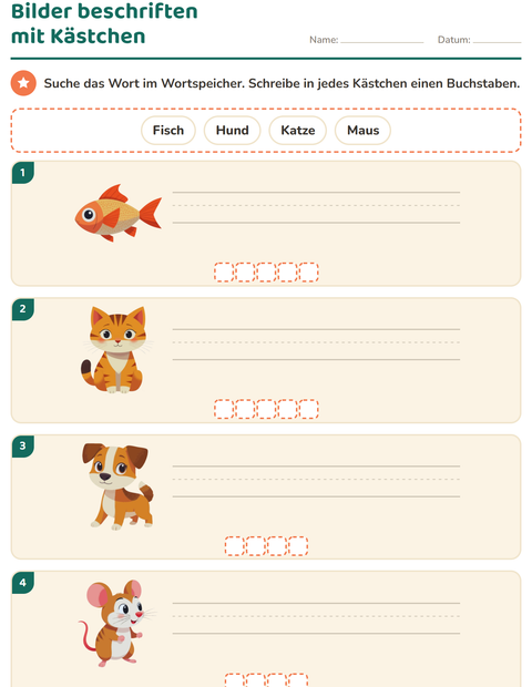 Vorschau: Bilder beschriften-Arbeitsblatt mit Haustiere für 1. Klasse