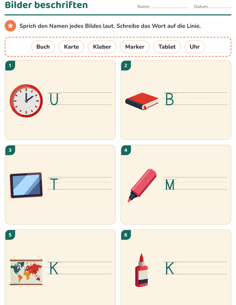 Vorschau: Bilder beschriften-Arbeitsblatt mit Klassenzimmer für 1. Klasse