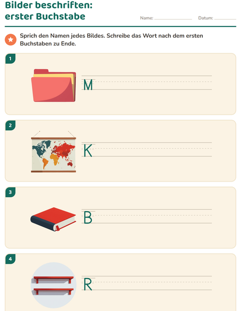 Vorschau: Bilder beschriften-Arbeitsblatt mit Klassenzimmer für 1. Klasse