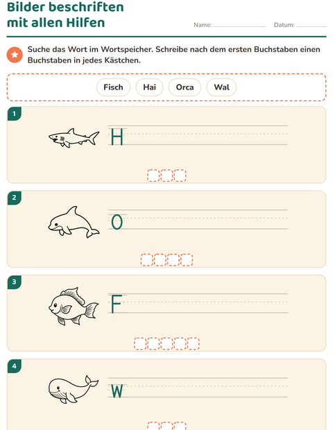 Vorschau: Bilder beschriften-Arbeitsblatt mit Meeresleben SW für 1. Klasse