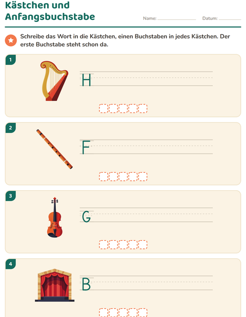 Vorschau: Bilder beschriften-Arbeitsblatt mit Musik für 1. Klasse