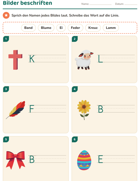 Vorschau: Bilder beschriften-Arbeitsblatt mit Ostern für 1. Klasse
