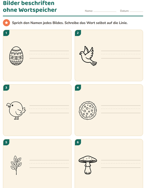 Vorschau: Bilder beschriften-Arbeitsblatt mit Ostern SW für 1. Klasse