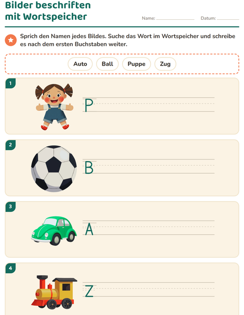Vorschau: Bilder beschriften-Arbeitsblatt mit Spielzeug für 1. Klasse