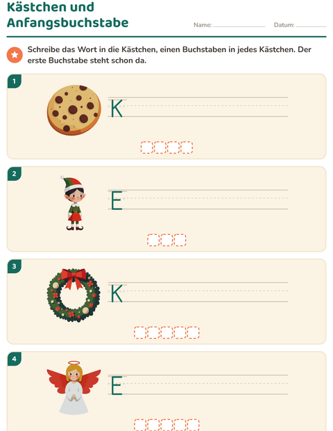 Vorschau: Bilder beschriften-Arbeitsblatt mit Weihnachten für 1. Klasse