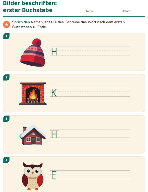 Vorschau: Bilder beschriften-Arbeitsblatt mit Winter für 1. Klasse