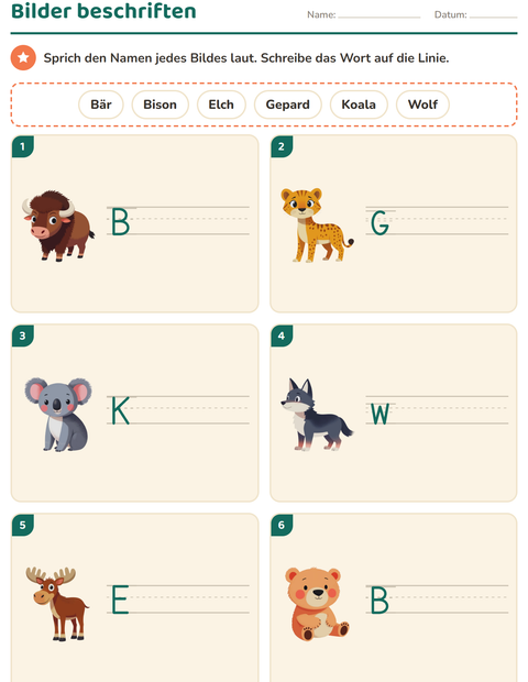 Vorschau: Bilder beschriften-Arbeitsblatt mit Zootiere für 1. Klasse