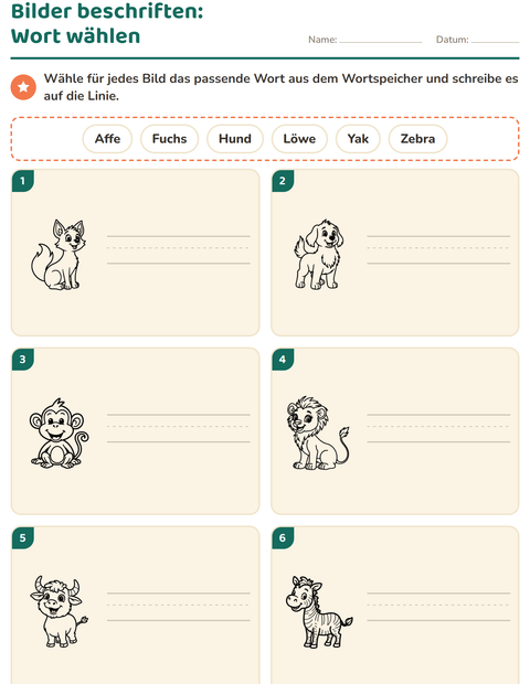 Vorschau: Bilder beschriften-Arbeitsblatt mit Zootiere SW für 1. Klasse