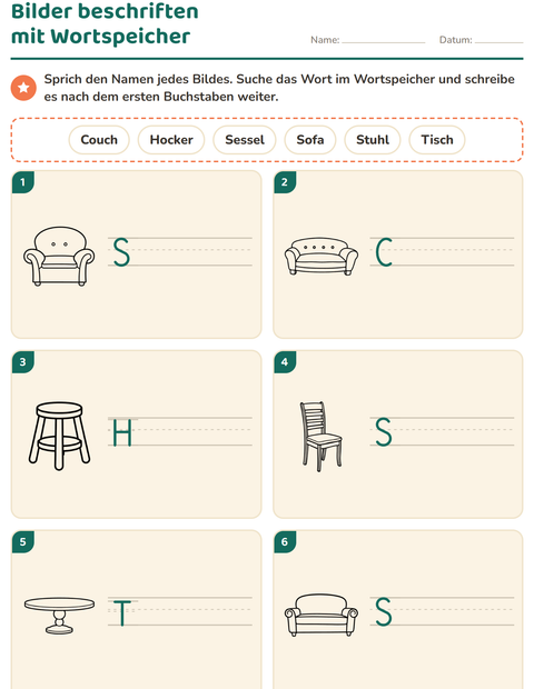 Vorschau: Bilder beschriften-Arbeitsblatt mit Möbel SW für 1. Klasse