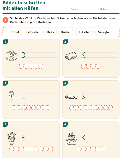 Vorschau: Bilder beschriften-Arbeitsblatt mit Nachtisch (S/W) für 1. Klasse