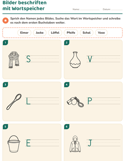 Vorschau: Bilder beschriften-Arbeitsblatt mit Objekte SW für 1. Klasse