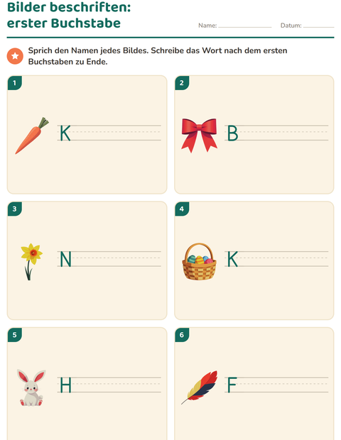 Vorschau: Bilder beschriften-Arbeitsblatt mit Ostern für 1. Klasse