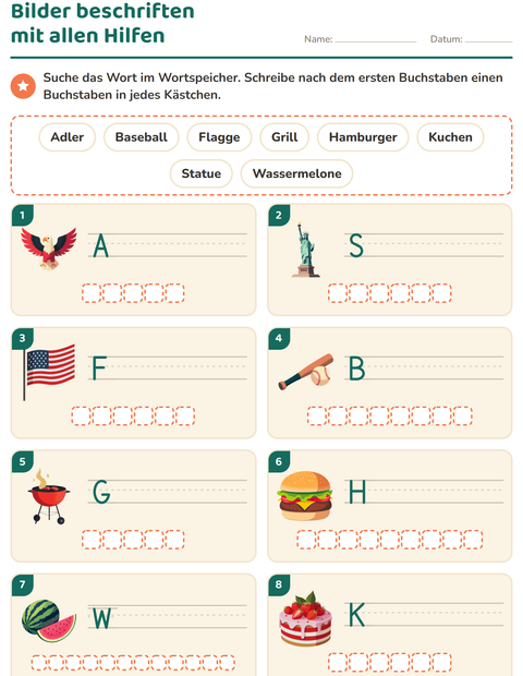 Vorschau: Bilder beschriften-Arbeitsblatt mit 4. Juli für 1. Klasse