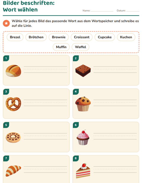 Vorschau: Bilder beschriften-Arbeitsblatt mit Bäckerei für 1. Klasse