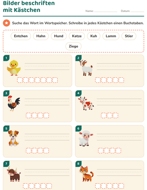 Vorschau: Bilder beschriften-Arbeitsblatt mit Bauernhoftiere für 1. Klasse