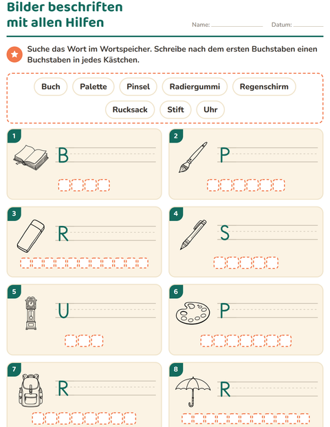 Vorschau: Bilder beschriften-Arbeitsblatt mit Bildung SW für 1. Klasse