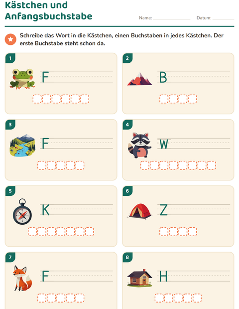 Vorschau: Bilder beschriften-Arbeitsblatt mit Camping für 1. Klasse