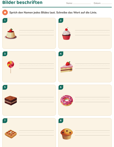 Vorschau: Bilder beschriften-Arbeitsblatt mit Desserts und Süßigkeiten für 1. Klasse