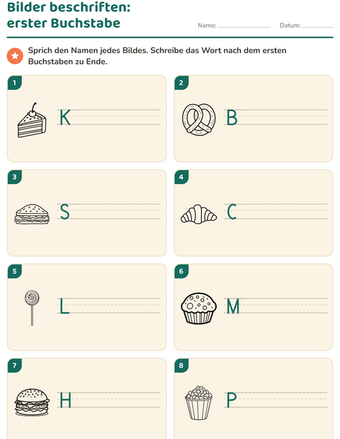 Vorschau: Bilder beschriften-Arbeitsblatt mit Essen SW 2 für 1. Klasse