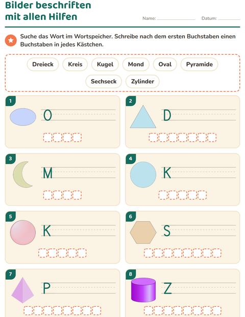 Vorschau: Bilder beschriften-Arbeitsblatt mit Formen für 1. Klasse