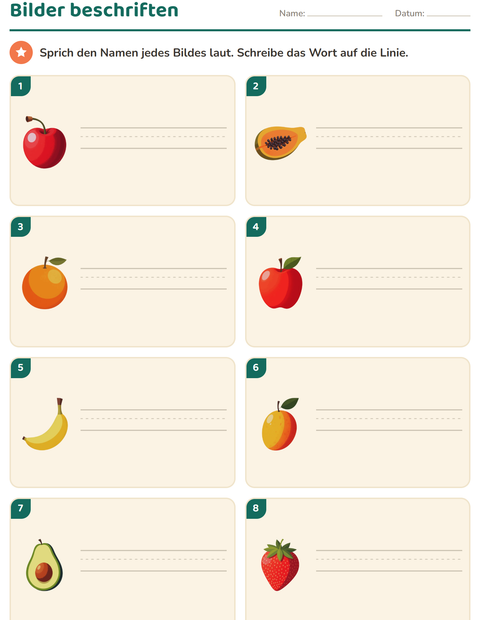Vorschau: Bilder beschriften-Arbeitsblatt mit Früchte für 1. Klasse