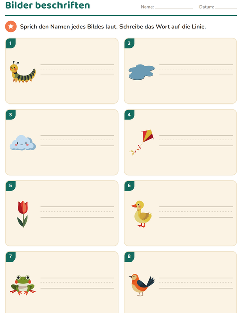Vorschau: Bilder beschriften-Arbeitsblatt mit Frühling für 1. Klasse