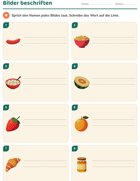Vorschau: Bilder beschriften-Arbeitsblatt mit Frühstück für 1. Klasse