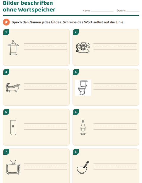 Vorschau: Bilder beschriften-Arbeitsblatt mit Haushalt SW für 1. Klasse