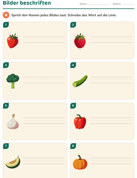 Vorschau: Bilder beschriften-Arbeitsblatt mit Im Supermarkt für 1. Klasse