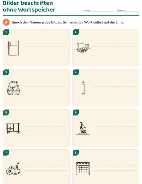 Vorschau: Bilder beschriften-Arbeitsblatt mit Klassenzimmer 2 (S/W) für 1. Klasse