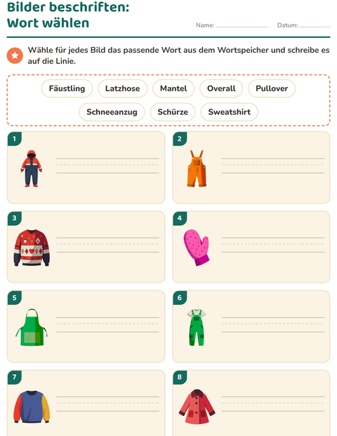Vorschau: Bilder beschriften-Arbeitsblatt mit Kleidung für 1. Klasse