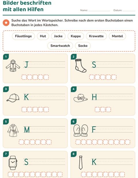 Vorschau: Bilder beschriften-Arbeitsblatt mit Kleidung SW für 1. Klasse