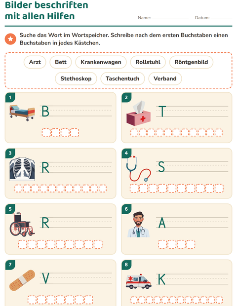 Vorschau: Bilder beschriften-Arbeitsblatt mit Krankenhaus für 1. Klasse