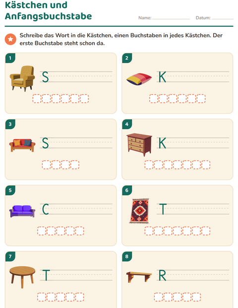 Vorschau: Bilder beschriften-Arbeitsblatt mit Möbel für 1. Klasse