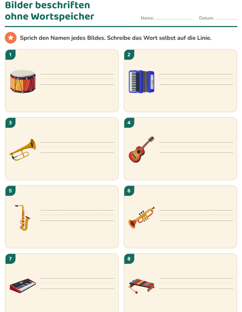 Vorschau: Bilder beschriften-Arbeitsblatt mit Musik für 1. Klasse