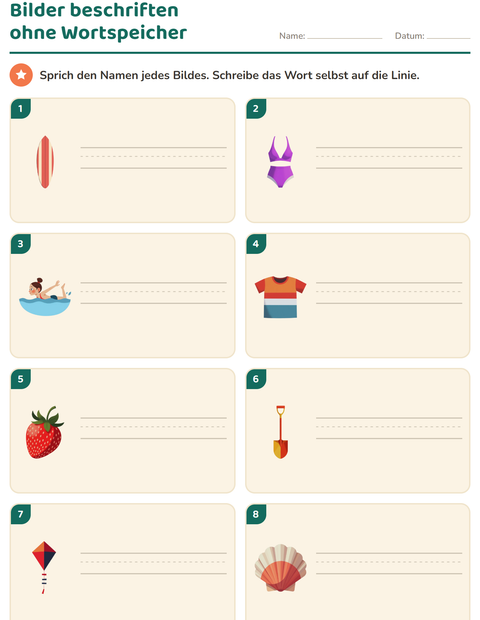 Vorschau: Bilder beschriften-Arbeitsblatt mit Sommer für 1. Klasse