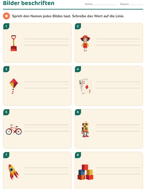 Vorschau: Bilder beschriften-Arbeitsblatt mit Spielzeug für 1. Klasse