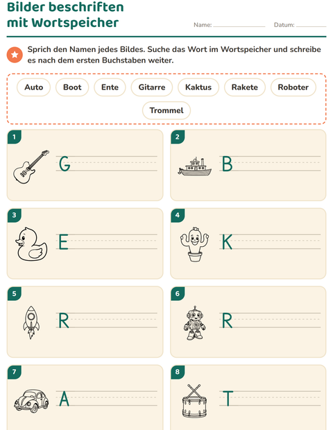 Vorschau: Bilder beschriften-Arbeitsblatt mit Spielzeug SW für 1. Klasse