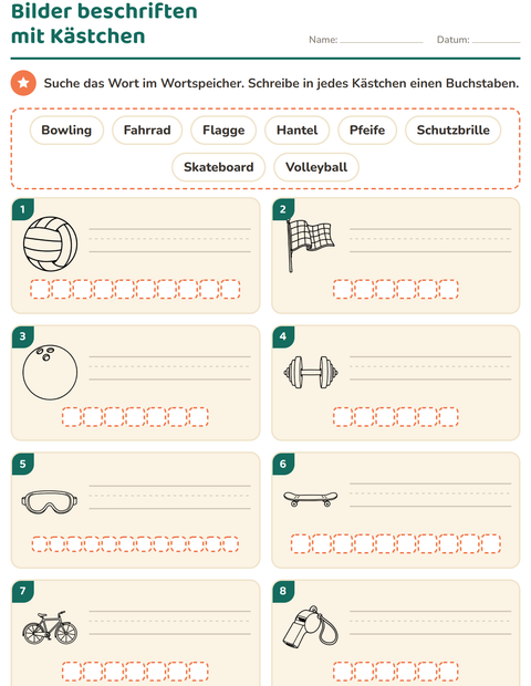 Vorschau: Bilder beschriften-Arbeitsblatt mit Sport SW für 1. Klasse