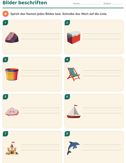 Vorschau: Bilder beschriften-Arbeitsblatt mit Strand für 1. Klasse