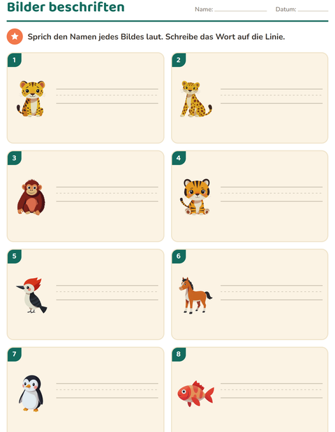 Vorschau: Bilder beschriften-Arbeitsblatt mit Tiere für 1. Klasse