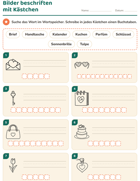 Vorschau: Bilder beschriften-Arbeitsblatt mit Valentinstag SW 2 für 1. Klasse