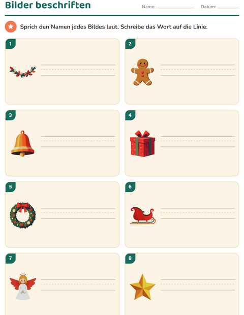Vorschau: Bilder beschriften-Arbeitsblatt mit Weihnachten für 1. Klasse