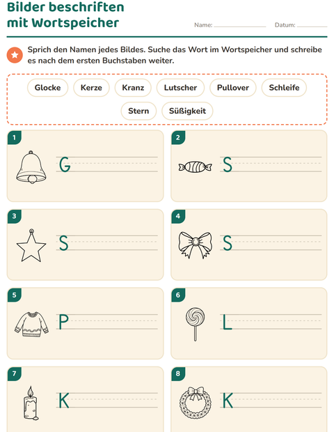 Vorschau: Bilder beschriften-Arbeitsblatt mit Weihnachten S/W für 1. Klasse