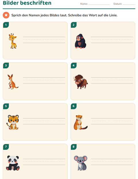 Vorschau: Bilder beschriften-Arbeitsblatt mit Zootiere für 1. Klasse