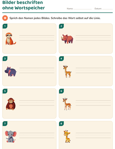 Vorschau: Bilder beschriften-Arbeitsblatt mit Zootiere für 1. Klasse
