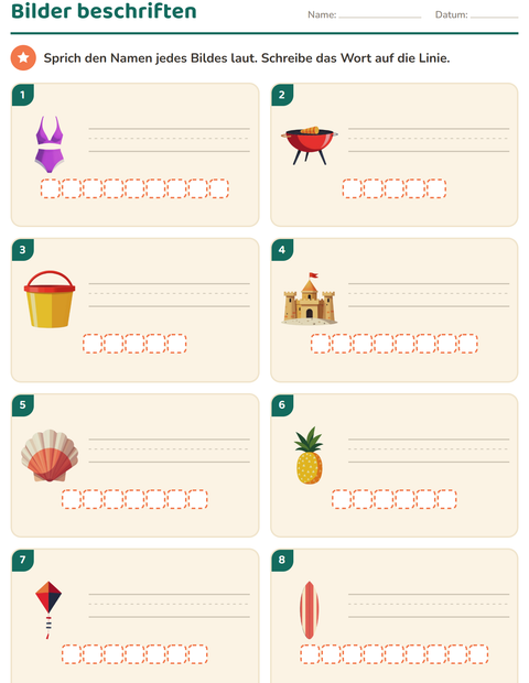 Vorschau: Bilder beschriften-Arbeitsblatt mit Sommer für 1. Klasse